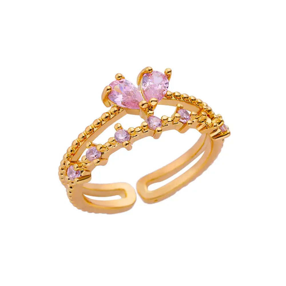 Pink Zircon Heart Rings For Women Gold Plated Stainless Steel