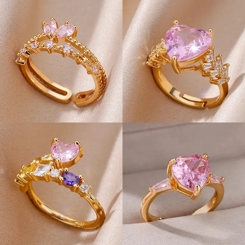 Pink Zircon Heart Rings For Women Gold Plated Stainless Steel