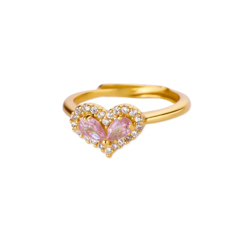 Pink Zircon Heart Rings For Women Gold Plated Stainless Steel