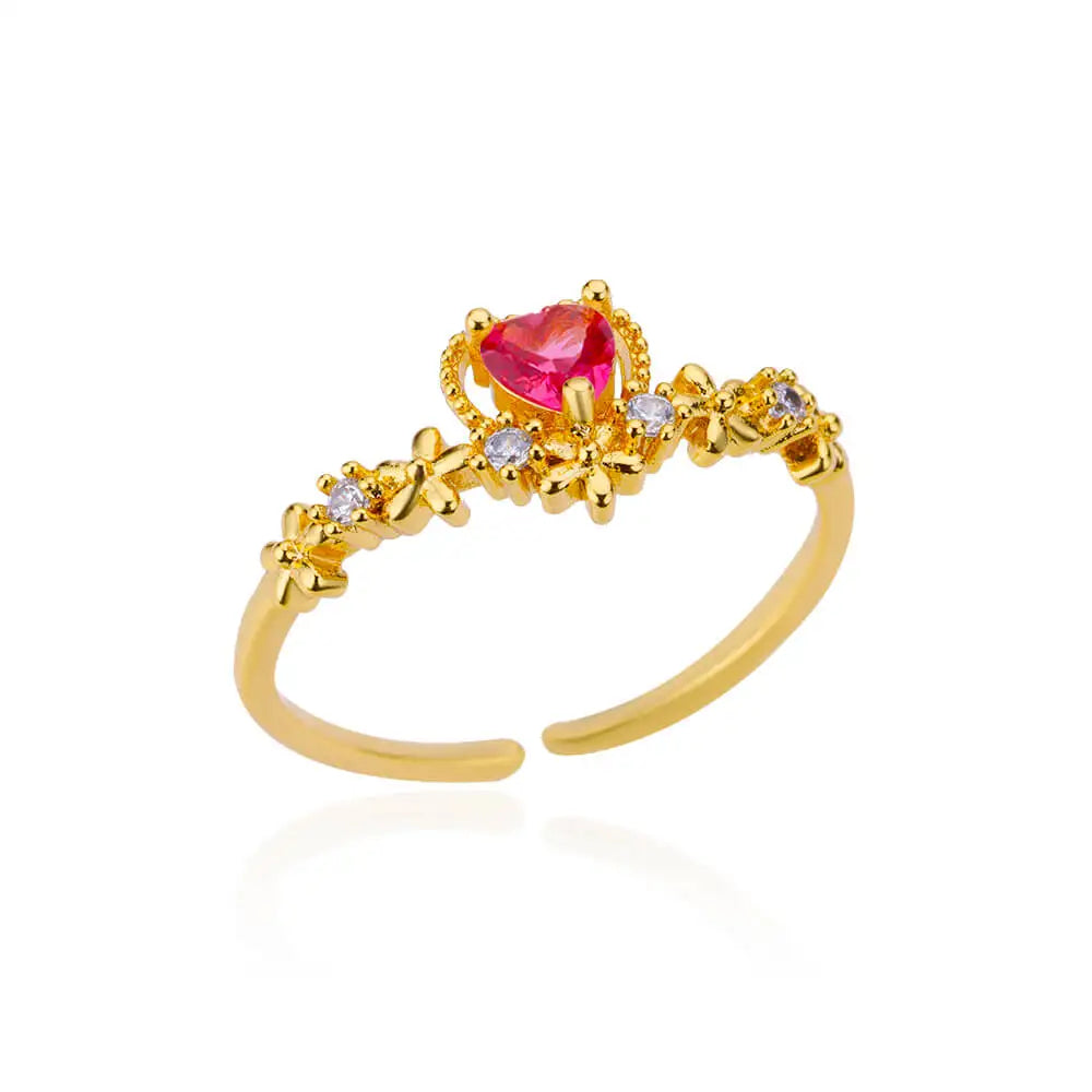 Pink Zircon Heart Rings For Women Gold Plated Stainless Steel