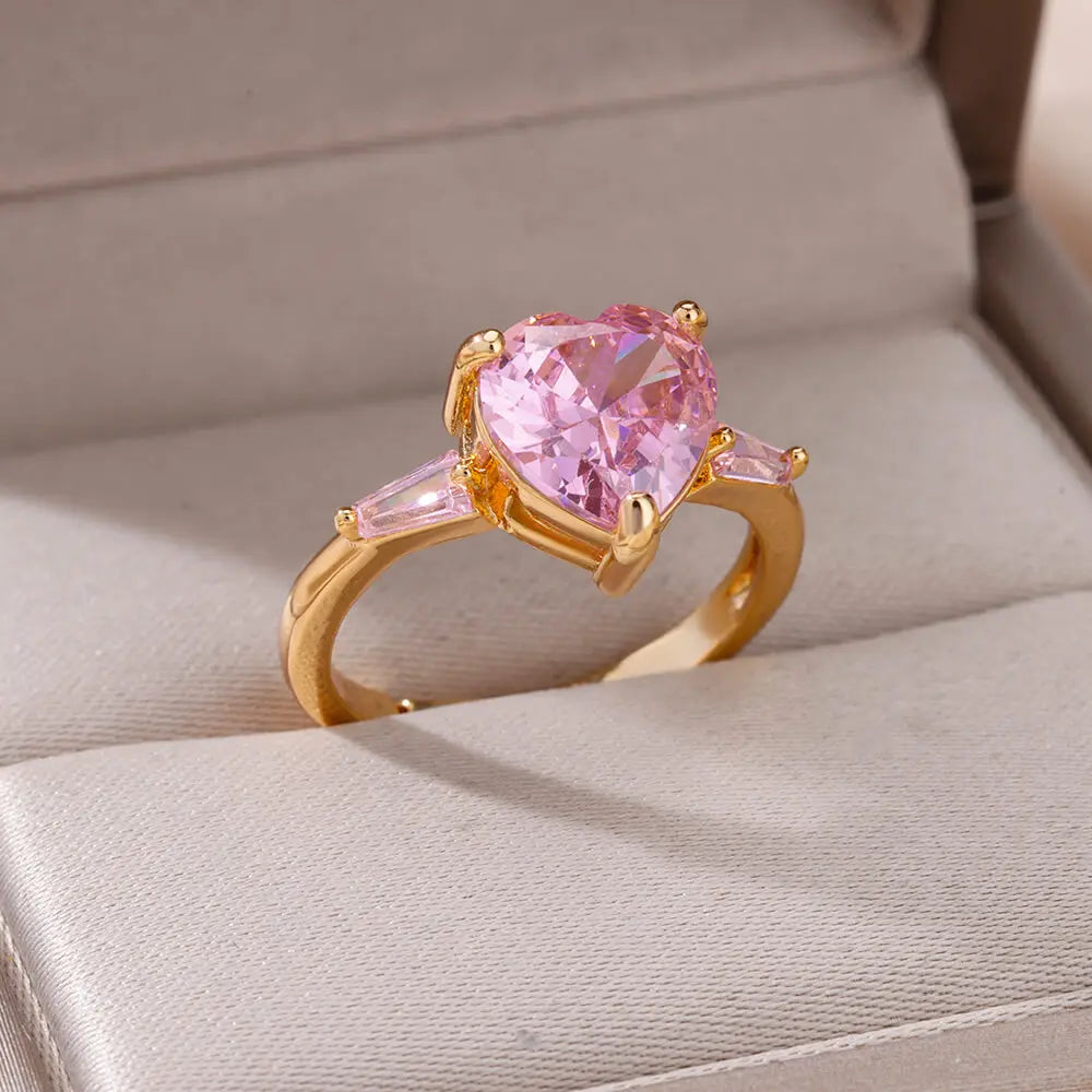 Pink Zircon Heart Rings For Women Gold Plated Stainless Steel