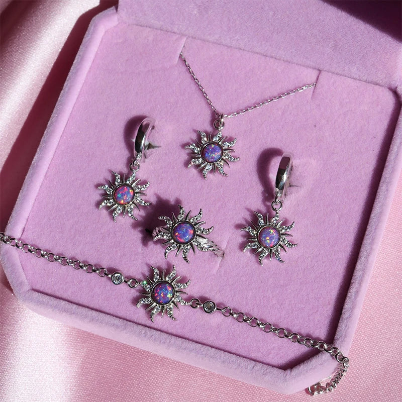 Princess Sun Opal Zircon Pandant Necklace Ring