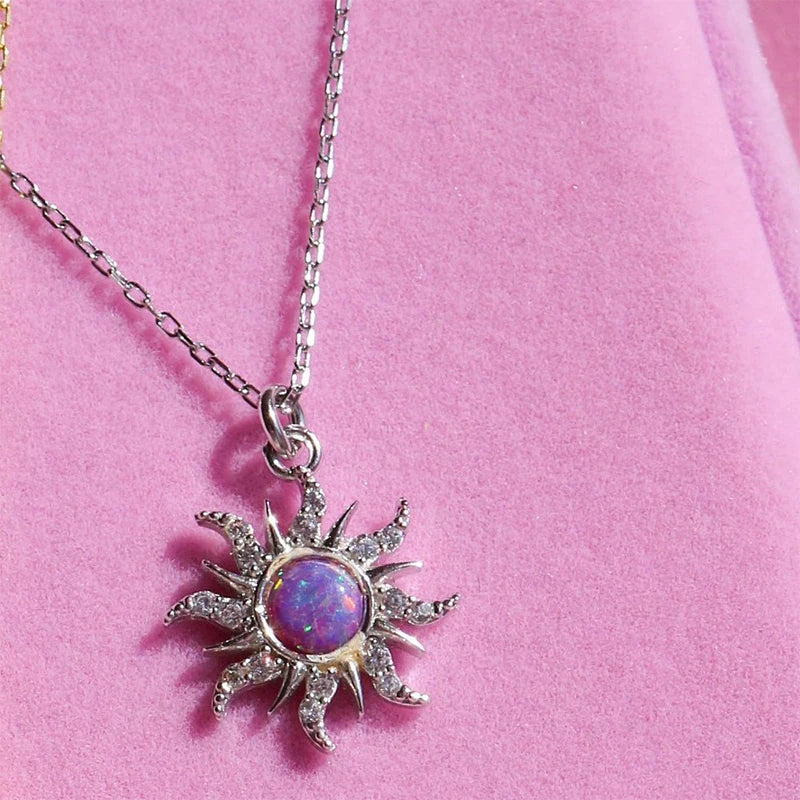 Princess Sun Opal Zircon Pandant Necklace Ring