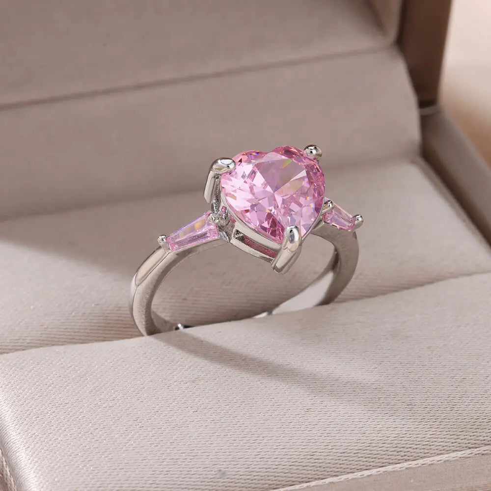 Pink Zircon Heart Rings For Women Gold Plated Stainless Steel
