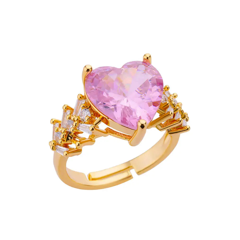 Pink Zircon Heart Rings For Women Gold Plated Stainless Steel