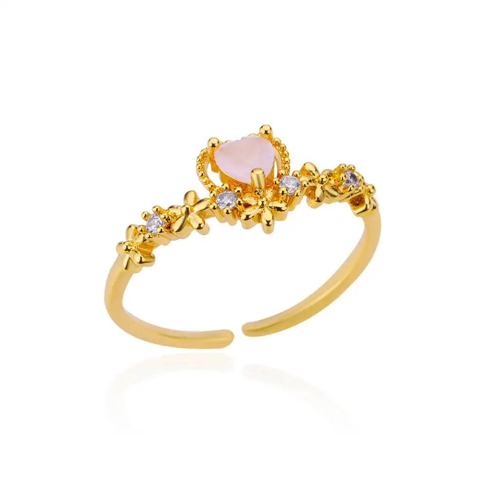 Pink Zircon Heart Rings For Women Gold Plated Stainless Steel