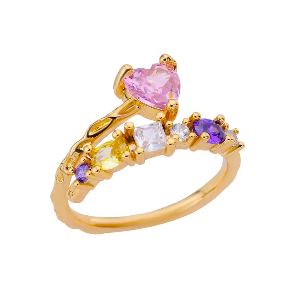 Pink Zircon Heart Rings For Women Gold Plated Stainless Steel