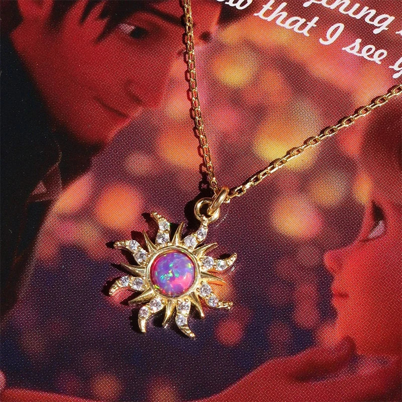 Princess Sun Opal Zircon Pandant Necklace Ring