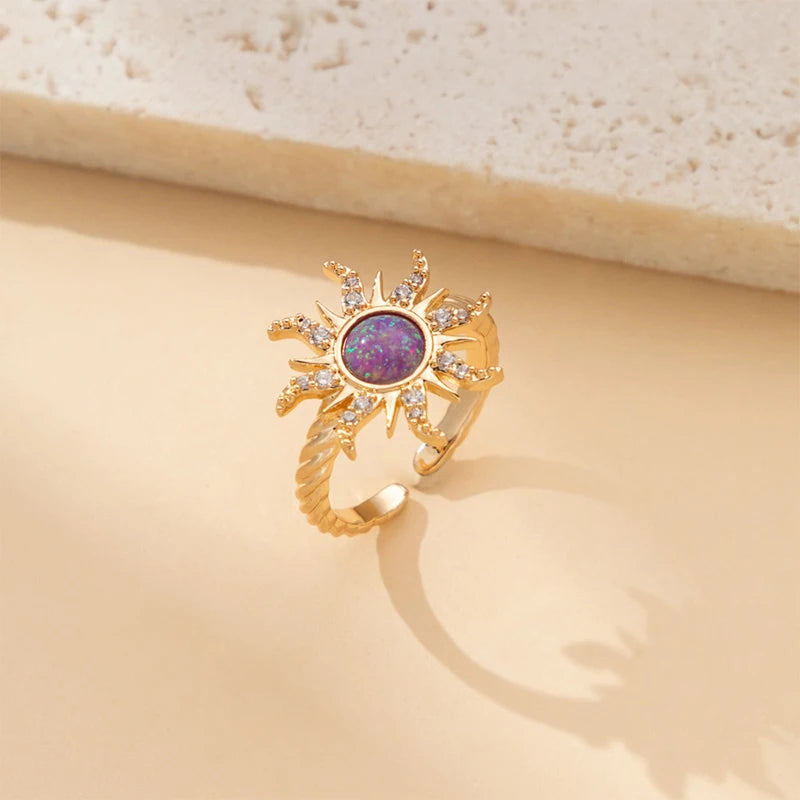 Princess Sun Opal Zircon Pandant Necklace Ring