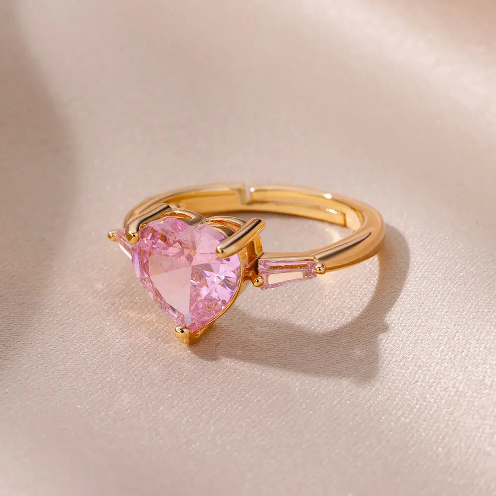 Pink Zircon Heart Rings For Women Gold Plated Stainless Steel