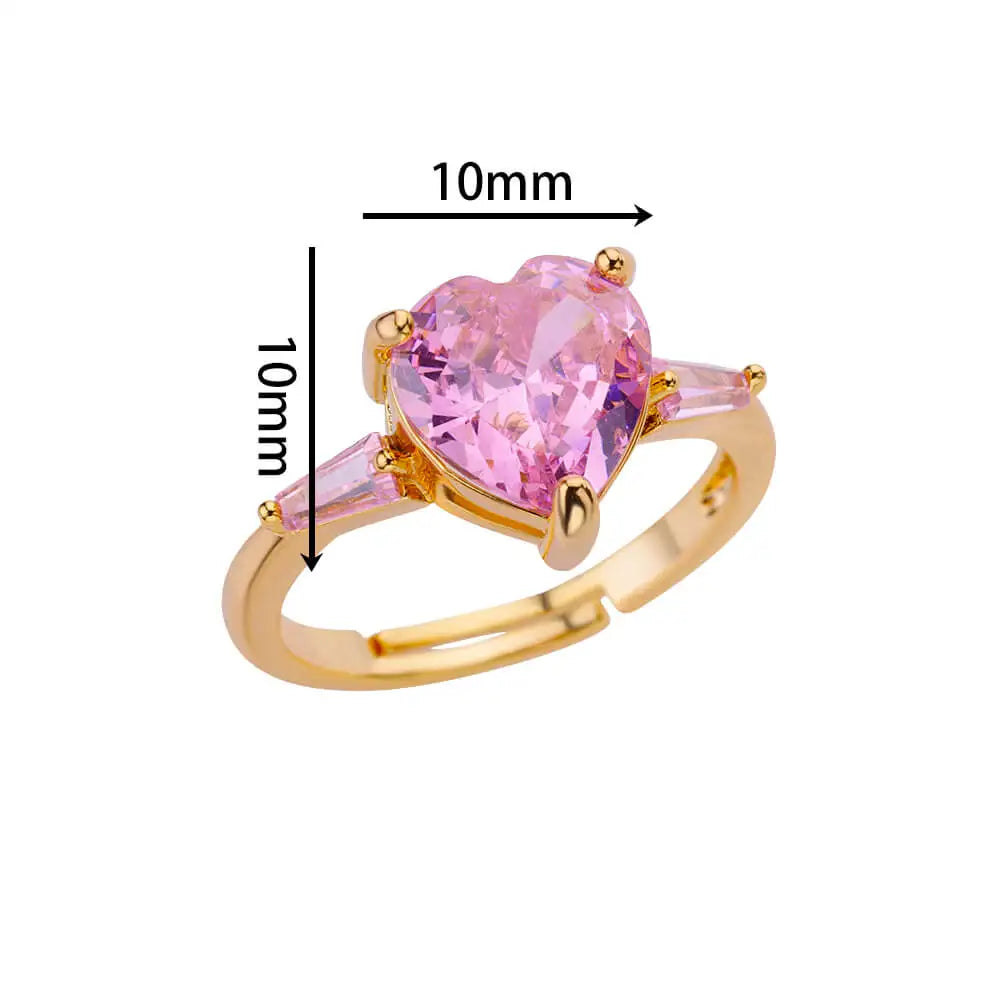Pink Zircon Heart Rings For Women Gold Plated Stainless Steel
