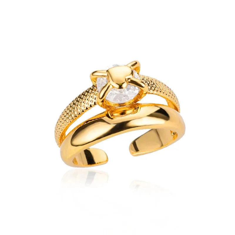 Pink Zircon Heart Rings For Women Gold Plated Stainless Steel