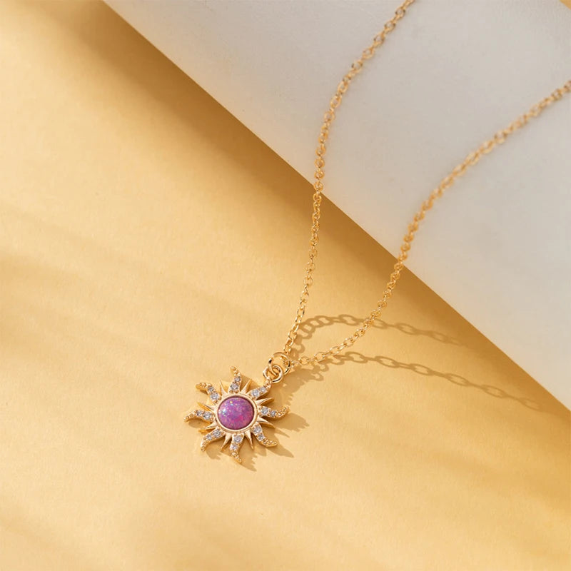 Princess Sun Opal Zircon Pandant Necklace Ring