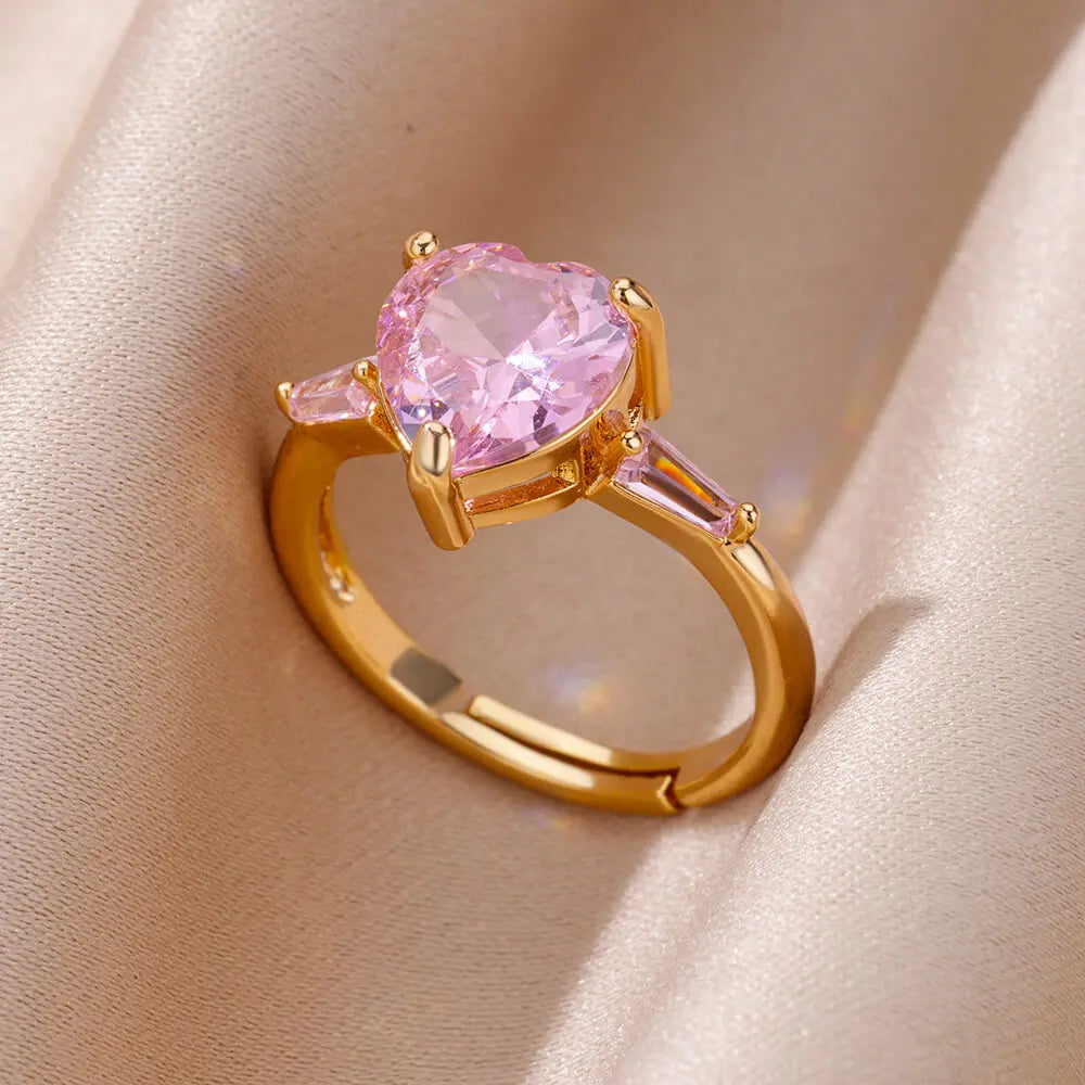 Pink Zircon Heart Rings For Women Gold Plated Stainless Steel