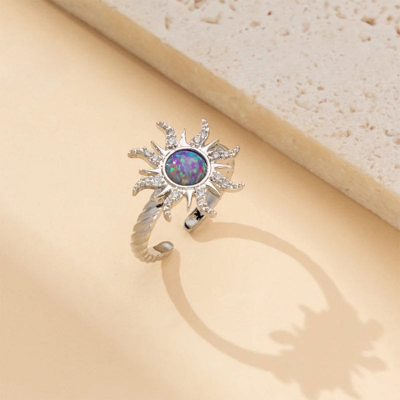 Princess Sun Opal Zircon Pandant Necklace Ring