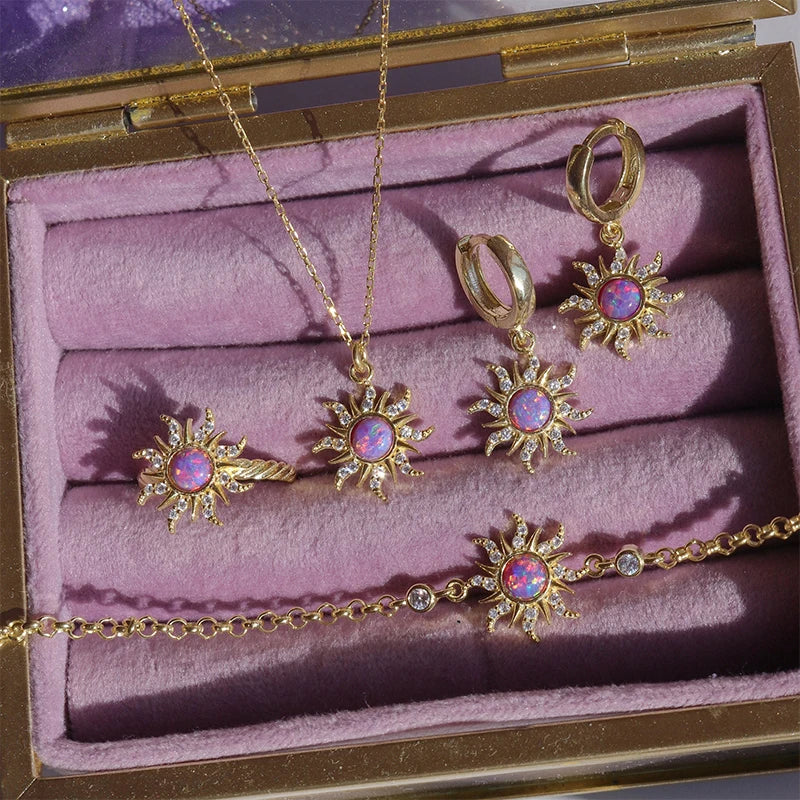 Princess Sun Opal Zircon Pandant Necklace Ring
