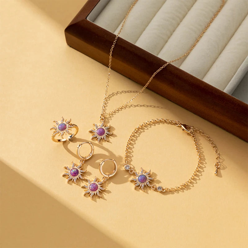 Princess Sun Opal Zircon Pandant Necklace Ring